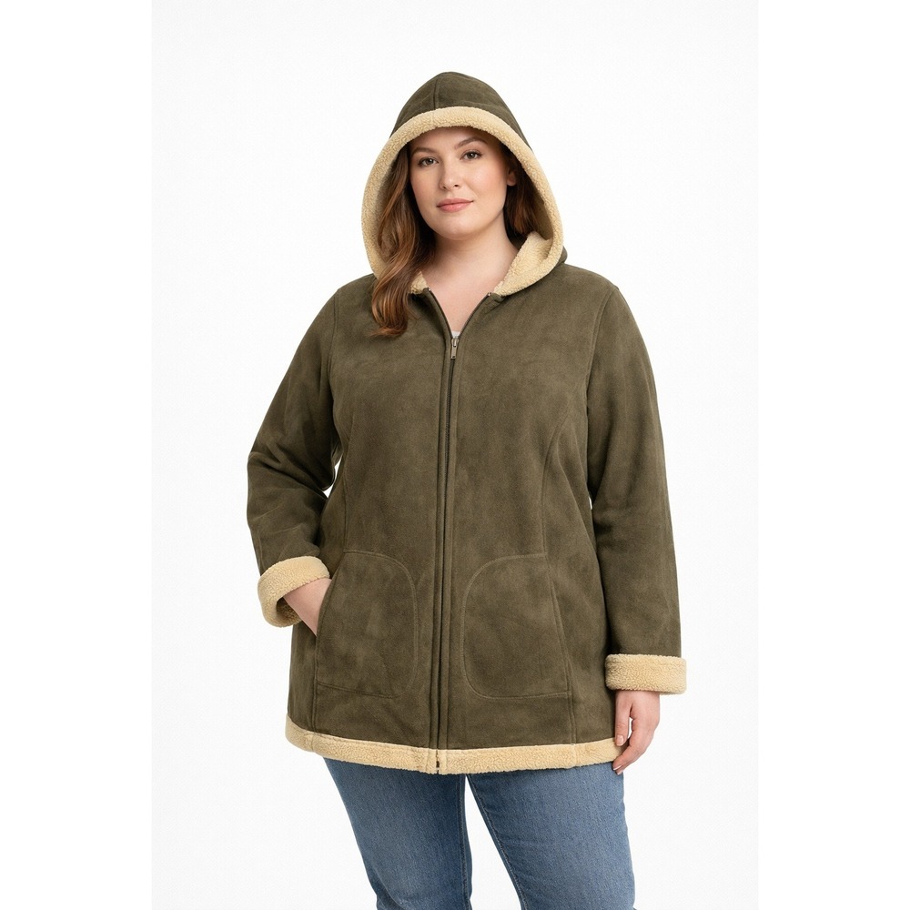 White Stag Jacket Womens 1X Olive Green Faux Suede Sherpa Lined Hooded Full Zip